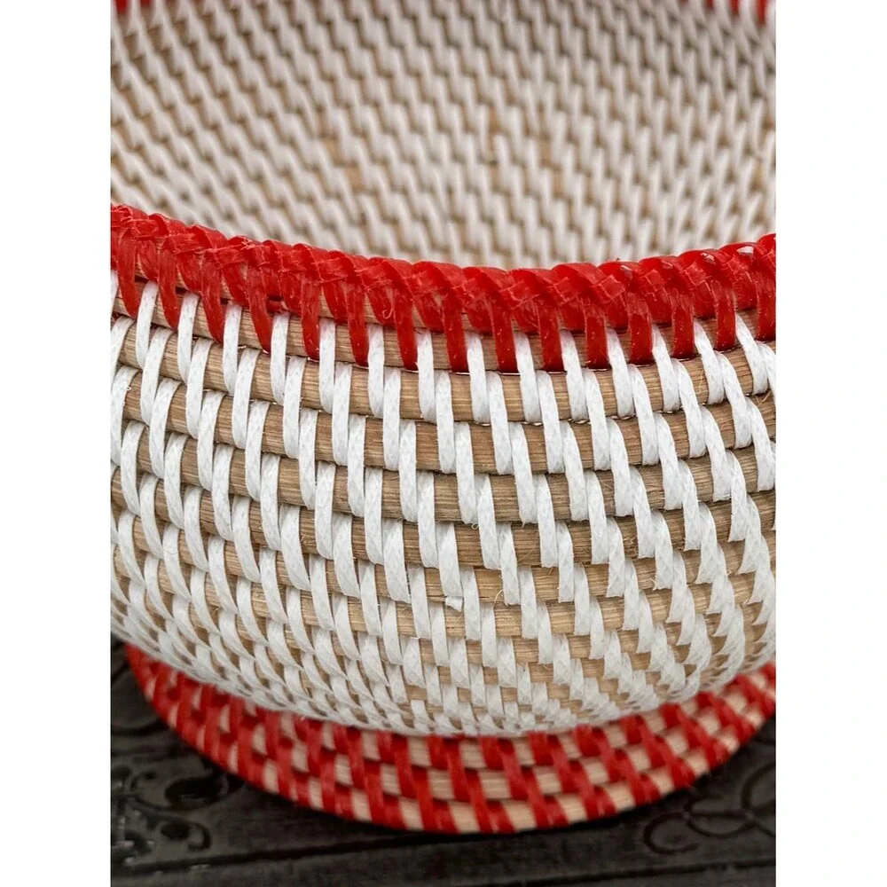 Vintage Woven Pedestal Basket Bowl Red Trim Boho Cottagecore Centerpiece Decor